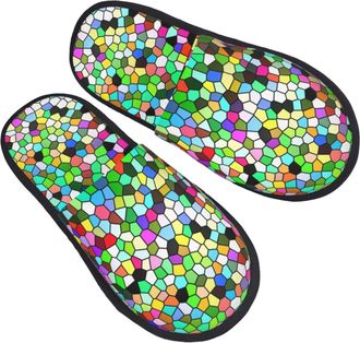 Generic Furry Slippers Colorful Tie Dye Stained Glass Fuzzy Slippers Flat Non Slip House Slipper For Bedroom Women Spa M
