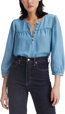 Levi's Halsey Top Womens Blue Button Front Puff Sleeve Relaxed Fit PAL60