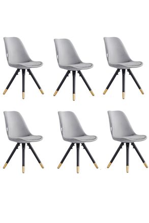 Life Interiors Set of 6 Sofia Ergonomic Modern Dining Chairs Upholstered in Velvet, Metal Legs with Gold End Caps in Light Grey