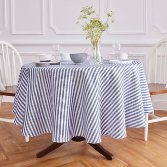 Solino Home Linen Round Tablecloth - Amalfi Stripe in Navy And White at Nordstrom, Size Medium