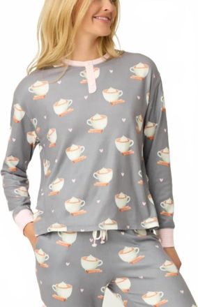 PJ Salvage Womens Love You A Latte Coffee Print Long Sleeve Top In Charcoal