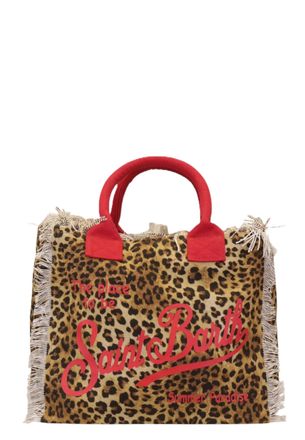 MC2 Saint Barth Fringed Leopard Print Tote Bag with Red Accents