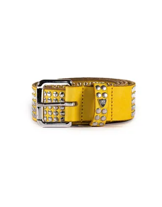 HTC Studded Yellow Leather Belt with Brass Buckle and Logo Rivet