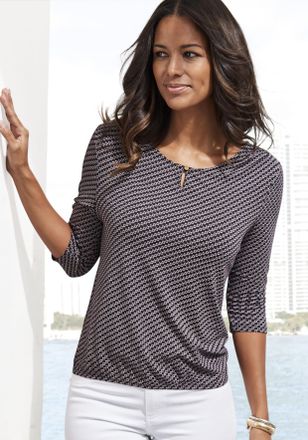 Vivance Rundhalsshirt VIVANCE mit goldfarbenem Zierknopf am Ausschnitt, Damen, Gr. 32/34, blau (navy), Obermaterial: 95% Viskose (LENZING ECOVERO), 5% Elastha