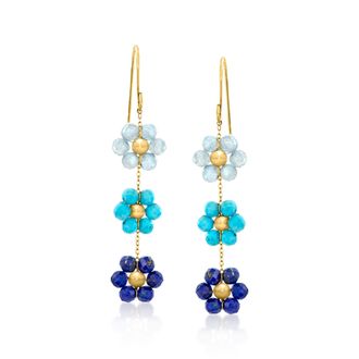 RS Pure by Ross-Simons Multi-Gemstone Bead Flower Drop Earrings in 14kt Yellow Gold
