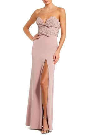 Mac Duggal Strapless Sweetheart Crepe Gown with Embellished Bodice, Bow Detail & Thigh-High Slit in Dusty Rose at Nordstrom, Size 14