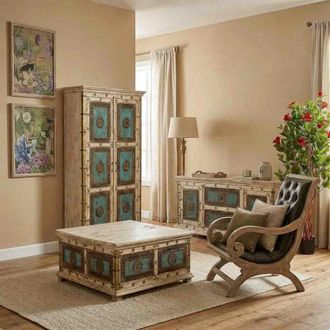 Wanderlust Deco Mesa de centro de madera artesanal 100 x 100 x 47h cm