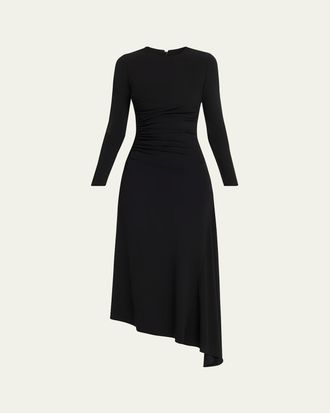 Michael Kors Ruched Long-Sleeve Asymmetric Midi Dress