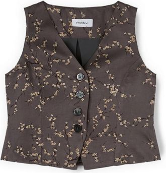 Motivi Viscose Twill Vest met Bloemendruk - Dames - Gillet - Grijs - XS - Leer - Kostuums