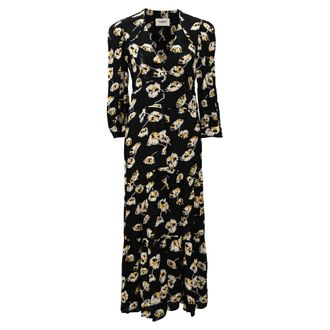 BA&SH Ba & sh Ullia Gathered Floral-Print Satin-jacquard Midi Dress In Black Viscose
