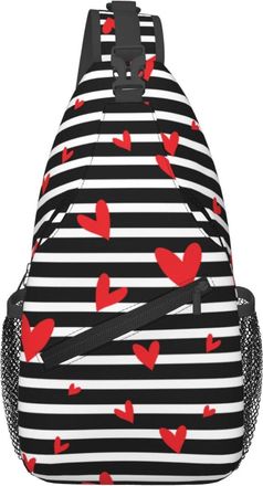 Generic Red Hearts Black White Horizontal Stripes Shoulder Bag Anti Theft Sling Bag Trendy Sling Backpack For Women Casual Workout