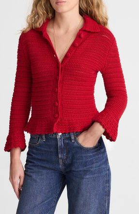 Madewell Pointelle Knit Peplum Cotton Cardigan in Crimson at Nordstrom, Size Xx-Small