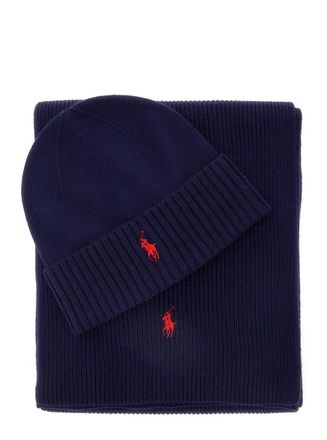 Polo Ralph Lauren Blue Scarf And Beanie Set With Pony Embroidery On The Front In Wool Man