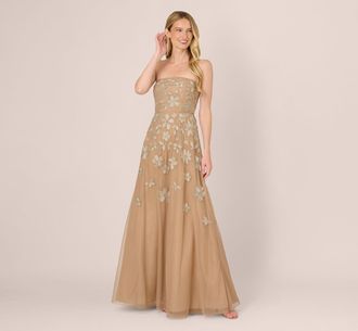 Adrianna Papell Strapless Floral Beaded Embroidery Gown In Taupe Pink