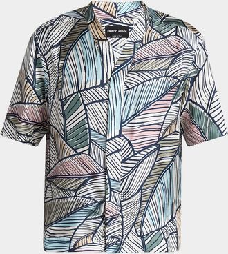 Giorgio Armani Mens Palm-Print Silk Twill Camp Shirt