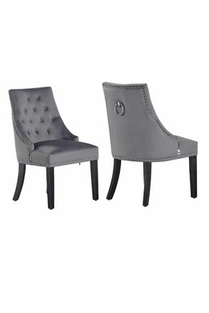 Life Interiors Set of 2 Velvet Dining Chairs Scoop Knockerback & Button Tufted, Solid Wood Legs in Dark Grey