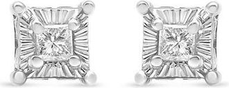 House of Brilliance Silver 1/4 Ct Miracle Princess Solitaire Stud Earrings with Hidden Halo in White at Nordstrom