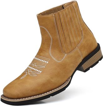 Generic Mens Western Cowboy Boots PU Leather Ankle Chelsea Boots Slip-On Embroidered Round Toe Retro Ranch Riding Classic Durable Casual Dress Fashion Footwea