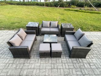 Fimous Outdoor Lounge Sofa Set Wicker PE Rattan Garden Furniture Set with Square Coffee Table Double Seat Sofa 2 Small Footstools in Dark Grey