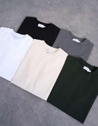 Topman Confezione da 5 T-shirt comode nera, bianca, écru, verde scuro e antracite-Multicolore