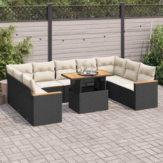 vidaXL Set Sof&aacute;s Jard&iacute;n Y Cojines 10 Pzas Rat&aacute;n Sint&eacute;tico Acacia Negro Vidaxl