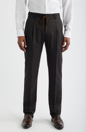 Zanella Nova Black Pinstripe Pleated Wool & Cotton Drawstring Dress Pants in Espresso at Nordstrom, Size 35