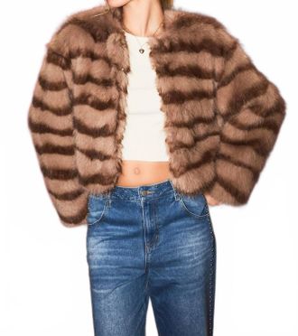 Le Lis Blanc Deux Evie Faux Fur Crop Coat In Mocha-Brown Stripe