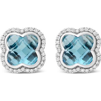 House of Brilliance 18K Gold 3/8 Cttw Diamond & London Blue Topaz Gemstone Halo Clover Stud Earrings in White at Nordstrom
