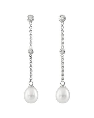 Splendid Pearls Rhodium Plated Silver 7-7.5Mm Pearl & Cz Drop Earrings