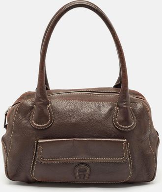 Aigner Dark Brown Leather Front Pocket Satchel