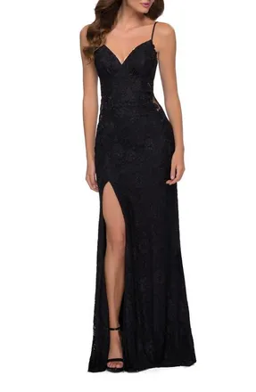 La Femme Sleek Lace Long Dress with Sheer Sides and Open Back in Black at Nordstrom, Size 10