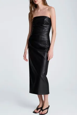 Kenneth Cole Ruched Strapless Faux Leather Midi Dress in Black at Nordstrom, Size 10