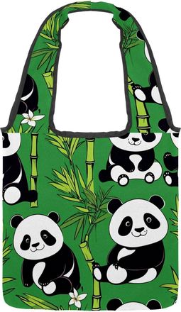 Generic Cute Panda on Green Reversible Canvas Shoulder Tote - Double-Sided Print, 12oz Cotton, 27cm Drop, Fold-Flat Bag for Travel, Shopping, Street Outings