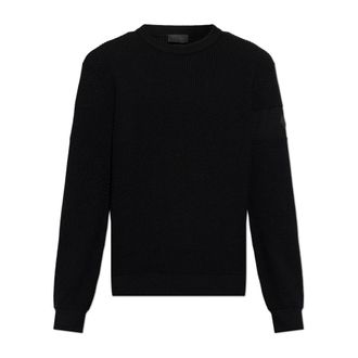 Moncler Round-neck Knitwear, male, Black, Size: 2XL Logo Wool Sweater