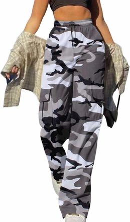 Generic Combat Trousers Women Camouflage Daily Loose Pants with Pockets Drawstring Cargo Baggys Elastic Waist Long Straight Leg Casual Bottoms Outdoors (A-2-B