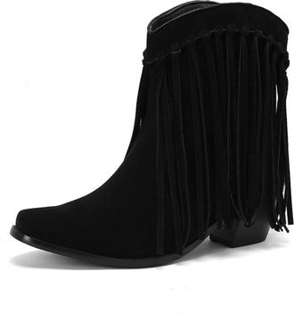 Generic Womens Fringe Suede Like Ankle Boots Low Block Heel Pointed Toe Slip On Retro Style Comfortable Non Slip Durable For Daily Casual Party Date Outings,B
