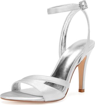 Generic Womens Wedding Bridal Heels Satin Stilettos Heeled Sandals Shoes for Party Evening 10.5Cm,Silver,8 UK