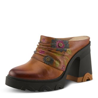 L'Artiste by Spring Step Chemistry Platform Mules | Hand-Painted Leather Slip-On with Sculpted Heel, Camel Multi, 9.5-10