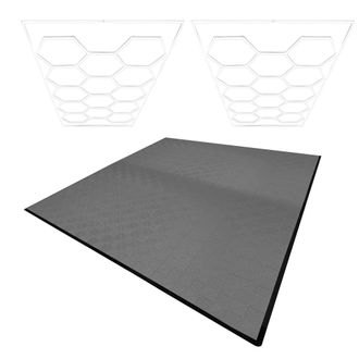MonsterShop Hexagon LED Lights x 2 & Vented Garage Floor Tiles x 225 With Edges in Grey