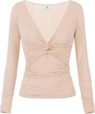 Elisabetta Franchi Overhemden, Dames, Beige, M, Jersey Top met Juweel Detail