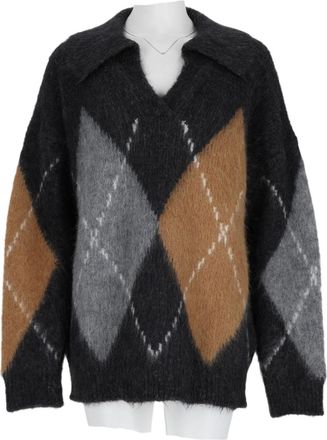 Filippa K Grey Argyle V-Neck Collared Alpaca-Blend Sweater