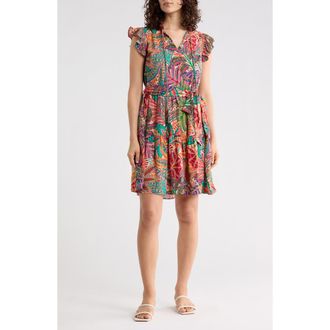 Julia Jordan Flutter Sleeve Floral Print Midi Dress in Red/Ivory/Teal Multi at Nordstrom Rack, Size X-Small