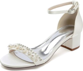 Generic Bridal Shoes Women Open Toe Pearl Block Heels Wedding Shoes Low Heel Chunky Heels Bridal Satin Heels Sandals 4.5Cm,Ivory,10 UK