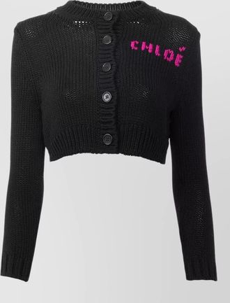 Chlo&eacute; cropped logo cotton knit long sleeve cardigan
