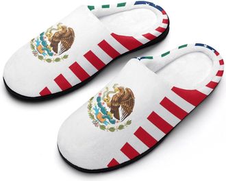 Generic Mexico & U.S.A Flag Mens Cozy Cotton Slippers with Memory Foam Lightweight Anti-skid House Shoes for Indoor Outdoor