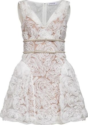 Self Portrait Jurk met kanten afwerking en lage taille - Dames - Feestkleedjes - Wit - M - Polyester - Kleedjes