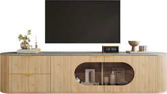 STILVORA Mueble De Tv Con 2 Puertas 3d, 2 Cajones Y Vitrina Ovalada De Cristal Gris, Estilo Minimalista, 172&times;38&times;45,5 Cm, Natural