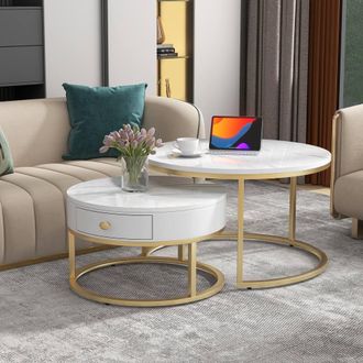 Matteo Round Nesting Coffee Table Set - White Marble Effect & Gold Frame