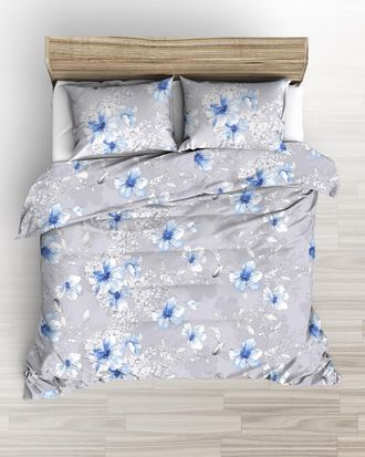 OEM Juego De Ropa De Cama De Sat&eacute;n De Lujo De 160x200 Cm, Color Gris Con Grandes Flores Azules Dibujadas