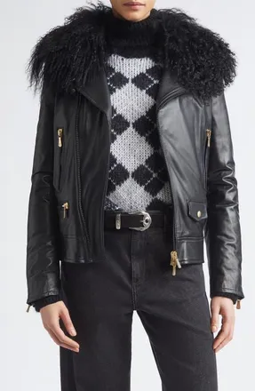 Eleventy Genuine Shearling Collar Leather Biker Jacket in 22 Black at Nordstrom, Size 40